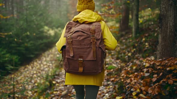 Slow Motion Camera Follows Woman Hiker in Yellow Raincoat with Backpack