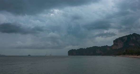 Time Lapse of Rain Clouds Over Beach and Sea Landscape with Boats. Tropical Storm in Ocean