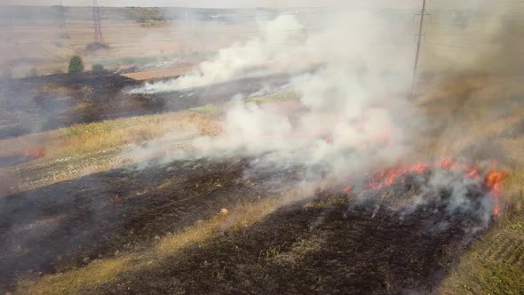 Aerial view of burning grass in field. alt