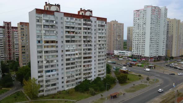 Aerial view around a road and from soviet made old apartment buildings, in a poor slum area of Kyiv