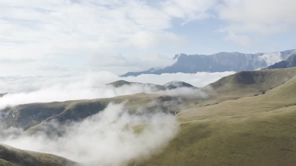 Aerial View of mountains in the clouds, Maluti A Phofung NU, Free, South Africa.