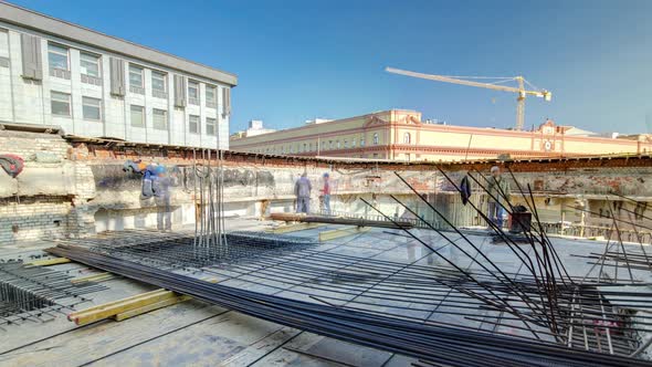 Steel Bar Rebar Metal Framework Reinforcement for Concrete at Construction Site Timelapse