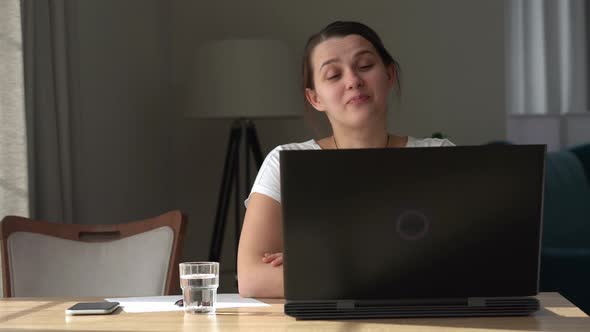 Authentic Caucasian Young Woman Chatting On Laptop At Home In Living Room