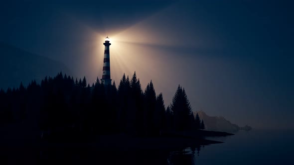 Beam of bright light from lighthouse rotating over the  foggy island. 4KHD