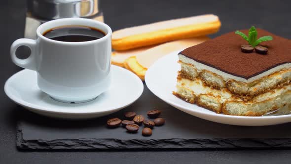 Portion of Traditional Italian Tiramisu Dessert Cup of Espresso Mocha and Coffee Beans