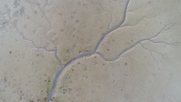 Aerial view of small stream crossing wetland, Netherlands.