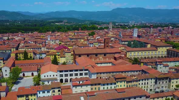 The skyline iof the picturesque old Italian town of Lucca known for the large medieval walls that st