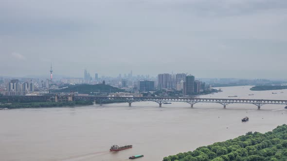 Time lapse of yangtze river skyline in nanjing city,china ,cloudy day