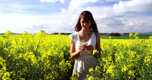 Beautiful woman walking in mustard field