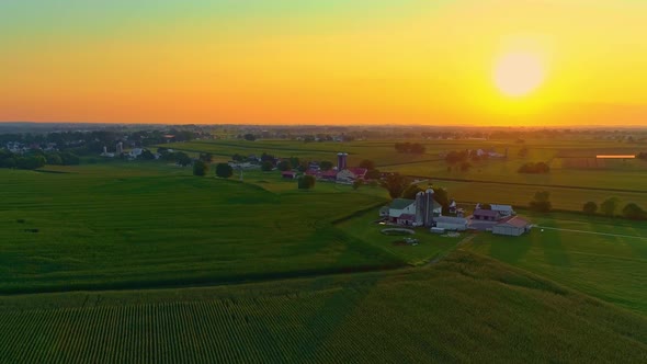 Aerial View of Sunset over Amish Farmlands in Pennsylvania