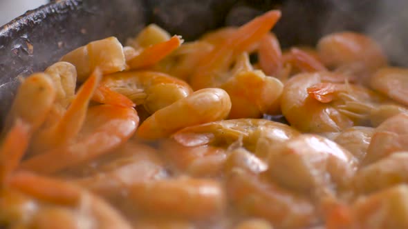 Close Up Video of Fried King Prawns are Preparing on Iron Pan Seafood Cooking Process Healthy Eating