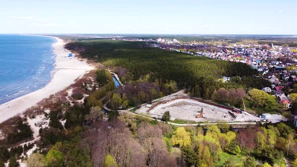 Cityscape of Palanga and huge construction site, aerial view