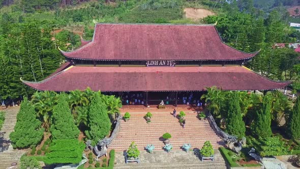 Drone Opens Overview Religious Temple Against Hills Plants