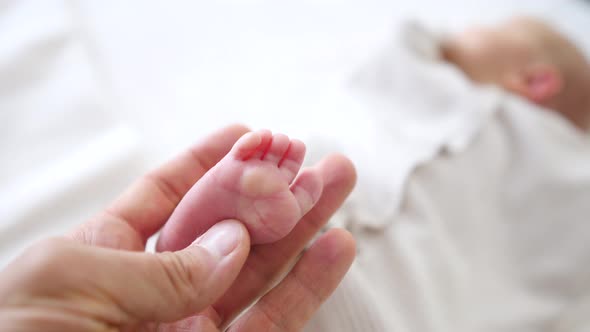 Baby Legs. Father Holding Little Foot Of His Newborn Baby.