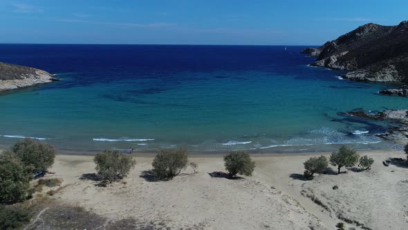 Psili Ammos beach on Serifos island in the Cyclades in Greece seen from the sky