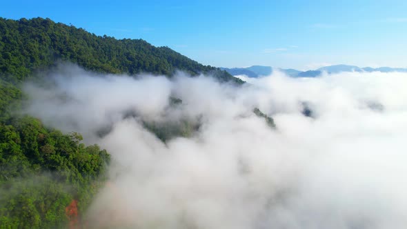 An aerial view from a drone flying over the many fogs in the mountains