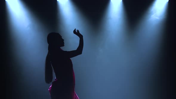 Silhouette a Young Girl Dancer in a Red Sari. Indian Folk Dance. Shot in a Dark Studio with Smoke