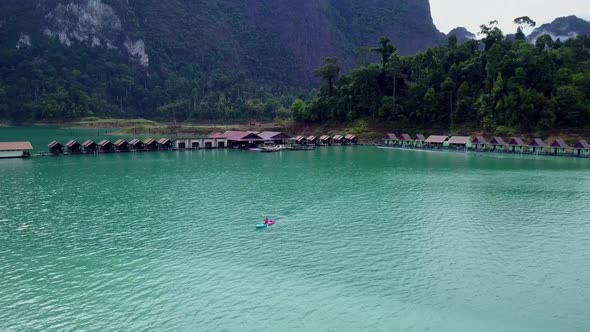 Cute Asian Girl Kayaking Floating Houses Cheow Lan Lake Thailand