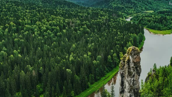 Calm River Surrounded with Horizonless Evergreen Pine Forest in Cloudy Gloomy Overcast Day