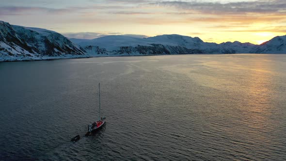 Beauty Sunset Boat Crossing Norwegian Winter Fjord Heading Norway Cruise to Patagonia