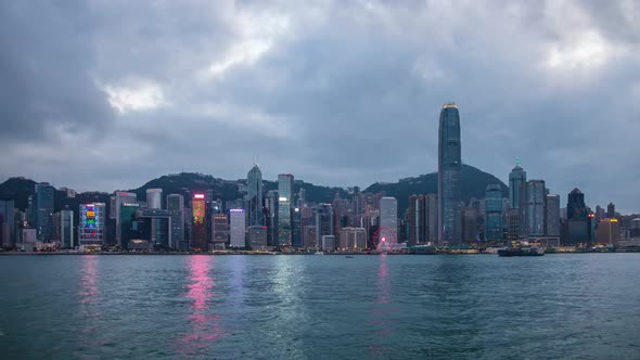 Timelapse of Hong Kong central skyline and Victoria Harbour at dawn