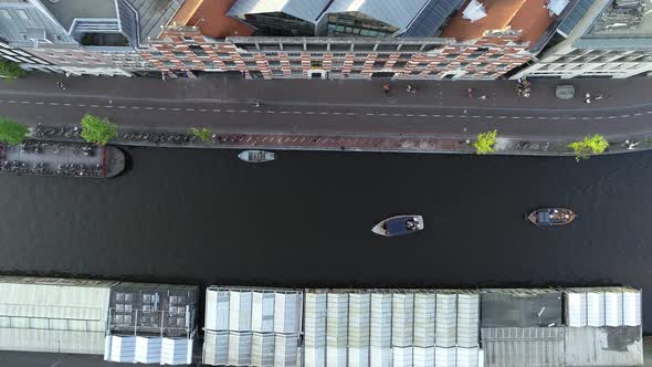 Aerial top view of famous canal in Amsterdam, Netherlands. 