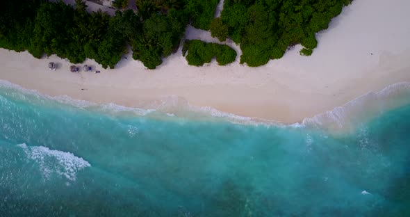 Daytime drone copy space shot of a paradise sunny white sand beach and blue water background in vibr