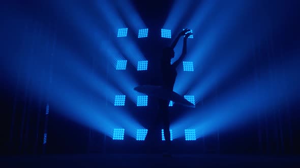 Graceful Silhouette Ballerina Doing a Workout in the Classroom. Smoke in the Rays of Blue Light