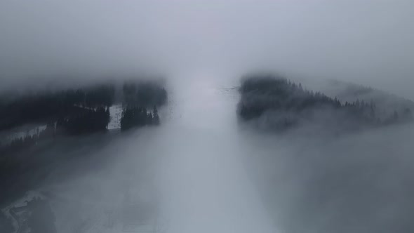 Bukovel Carpathians, Ski Slope With Fog From A Bird's Eye View