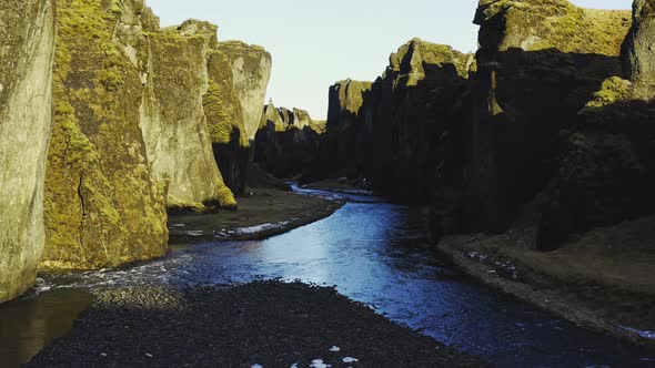 Drone Over Fjaoro River Through Fjaorargljufur Canyon