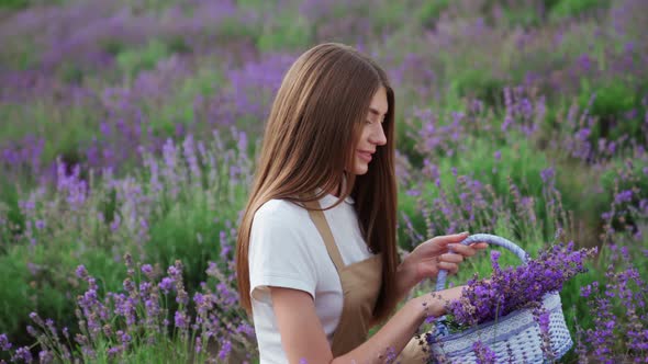 Happy Farm Girl with Flowers Basket Lavender Field