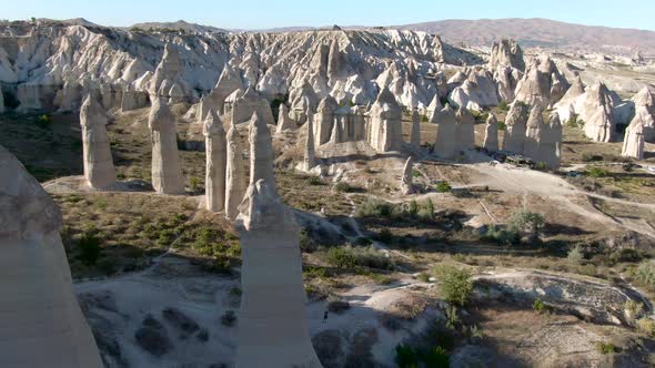 Flying over rock formations at Love Valley, Cappadocia, Turkey