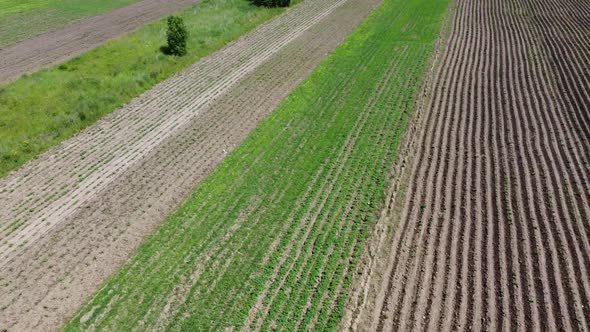 Aerial drone view of a flying over the rural agricultural landscape.