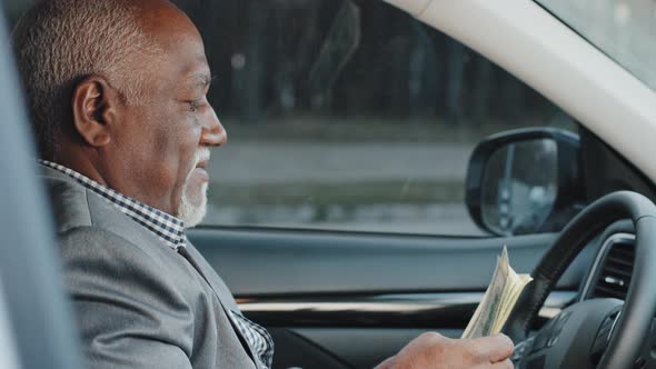 African American Businessman Sitting in Car with Bunch Dollars Counting Paper Banknotes Counts Money