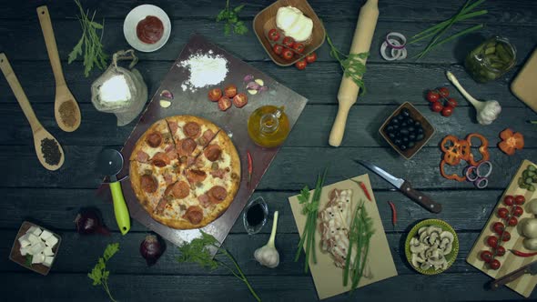 Super Meat Pizza on Ecological Black Background.