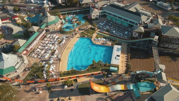 Aerial View Of Aquafan Aventura In Tigre, Buenos Aires, Argentina With People Swimming In The Pool I