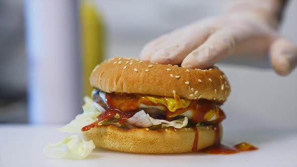 Fresh burger with meat patty. Big appetizing burger with meat cutlet