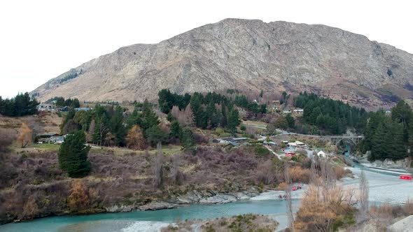 aerial shot of Queenstown hill from Skippers canyon and Shotover River in Queenstown, Central Otago,