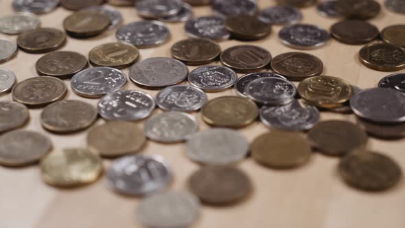 panoramic shooting of coins lying on the table