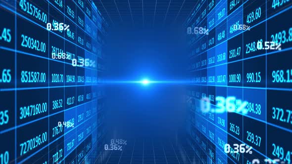 The wall of forex trading with graphs and charts in graphic motion with foreign currency symbols.