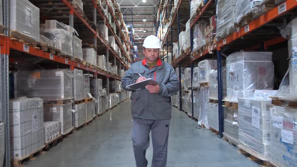 Warehouse Worker Inspecting High Racks with Boxes