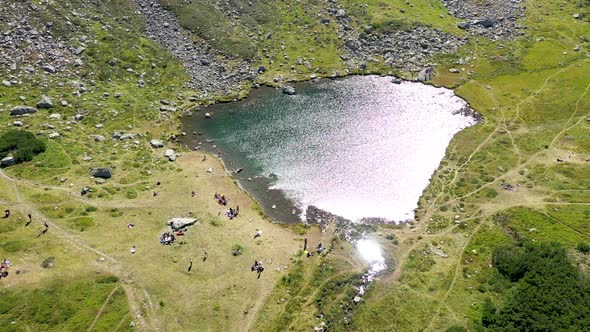 Flying Above Iezer Glacial Lake, Rodnei Mountains, Eastern Carpathians, Romania