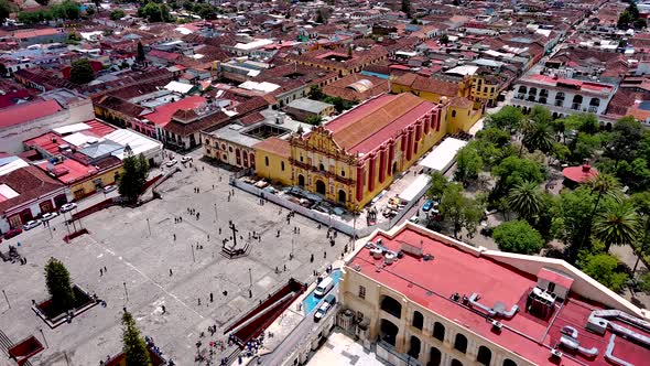 Aerial Drone Central Cathedral San Cristobal de Las Casas City Chiapas Mexico Top Notch Above View