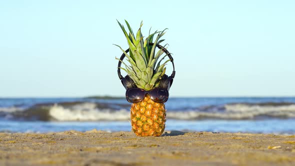 Pineapple with Glasses and Headphones on the Sea Sand