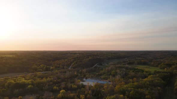 Rural Countryside Serene Landscape of Stilwell, Kansas at Sunset, Aerial