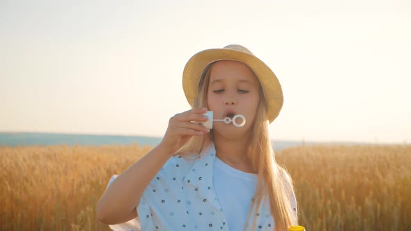 Little Girl Blowing Soap Bubbles in Wheat Field at Sunset Time. Slow Motion Video