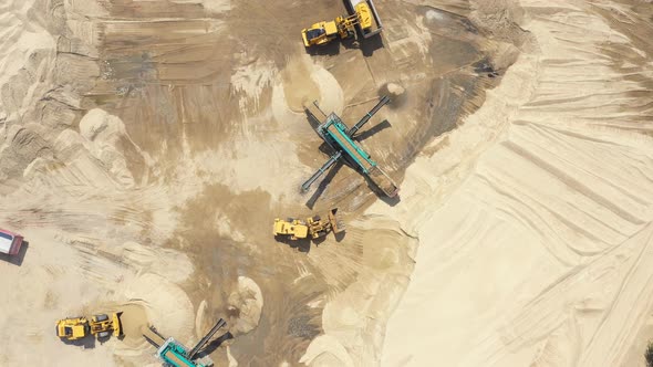 Sanding on automatic conveyor belt. Mining conveyor sand sorting . Aerial View
