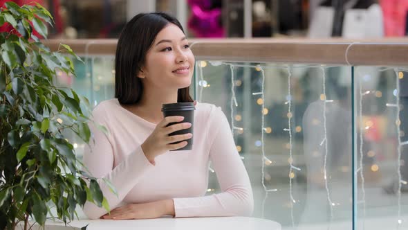 Asian Happy Peaceful Relaxed Calm Girl Visitor Restaurant Cafeteria Customer Sitting in Cafe Woman