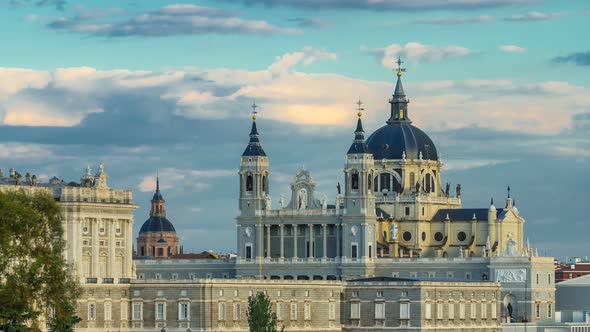 Madrid Spain Skyline Timelapse at Santa Maria La Real De La Almudena Cathedral and the Royal Palace