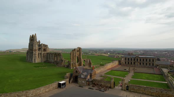 Historical Landmark In Northern, England With Whitby Abbey Ruins. Aerial Wide Shot